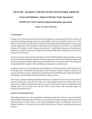 VIETNAM – BANKING AND FINANCING SUSTAINABLE GROWTH  - Issues and Solutions - Impact of the Key Trade Agreements  CPTPP, EUVNFTA and Investment Protection Agreement  