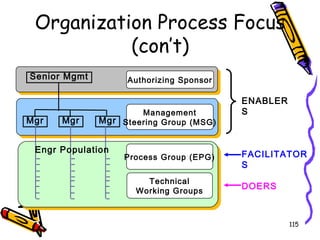 Organization Process Focus
(con’t)
Senior Mgmt

Mgr

Mgr

Authorizing Sponsor

Management
Mgr Steering Group (MSG)

Engr Population

Process Group (EPG)
Technical
Working Groups

ENABLER
S

FACILITATOR
S
DOERS

115

 