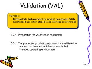 Validation (VAL)
Purpose:
Demonstrate that a product or product component fulfils
its intended use when placed in its intended environment.

SG 1 Preparation for validation is conducted
SG 2 The product or product components are validated to
ensure that they are suitable for use in their
intended operating environment

126

 