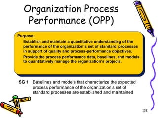 Organization Process
Performance (OPP)
Purpose:
Establish and maintain a quantitative understanding of the
performance of the organization’s set of standard processes
in support of quality and process-performance objectives.
Provide the process performance data, baselines, and models
to quantitatively manage the organization’s projects.

SG 1 Baselines and models that characterize the expected
process performance of the organization’s set of
standard processes are established and maintained

132

 