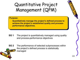 Quantitative Project
Management (QPM)
Purpose:
Quantitatively manage the project’s defined process to
achieve the project’s established quality and processperformance objectives.

SG 1

The project is quantitatively managed using quality
and process-performance objectives

SG 2

The performance of selected subprocesses within
the project’s defined process is statistically
managed
133

 