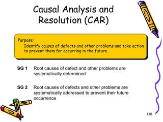 Causal Analysis and
Resolution (CAR)
Purpose:
Identify causes of defects and other problems and take action
to prevent them for occurring in the future.

SG 1

Root causes of defect and other problems are
systematically determined

SG 2

Root causes of defects and other problems are
systematically addressed to prevent their future
occurrence
138

 