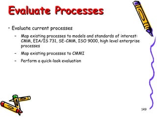 Evaluate Processes
• Evaluate current processes
–

Map existing processes to models and standards of interest:
CMM, EIA/IS 731, SE-CMM, ISO 9000, high level enterprise
processes

–

Map existing processes to CMMI

–

Perform a quick-look evaluation

149

 