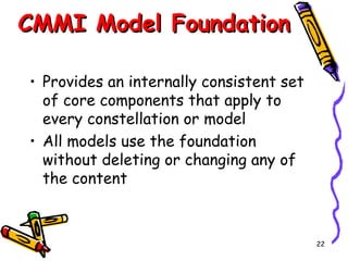 CMMI Model Foundation
• Provides an internally consistent set
of core components that apply to
every constellation or model
• All models use the foundation
without deleting or changing any of
the content

22

 