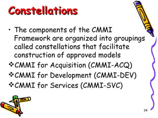 Constellations
• The components of the CMMI
Framework are organized into groupings
called constellations that facilitate
construction of approved models
CMMI for Acquisition (CMMI-ACQ)
CMMI for Development (CMMI-DEV)
CMMI for Services (CMMI-SVC)

34

 
