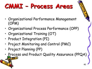 CMMI – Process Areas
• Organizational Performance Management
(OPM)
• Organizational Process Performance (OPP)
• Organizational Training (OT)
• Product Integration (PI)
• Project Monitoring and Control (PMC)
• Project Planning (PP)
• Process and Product Quality Assurance (PPQA)
40

 