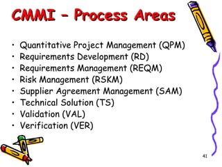 CMMI – Process Areas
•
•
•
•
•
•
•
•

Quantitative Project Management (QPM)
Requirements Development (RD)
Requirements Management (REQM)
Risk Management (RSKM)
Supplier Agreement Management (SAM)
Technical Solution (TS)
Validation (VAL)
Verification (VER)

41

 