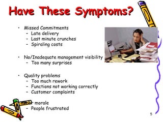 Have These Symptoms?
• Missed Commitments
– Late delivery
– Last minute crunches
– Spiraling costs
• No/Inadequate management visibility
– Too many surprises
• Quality problems
– Too much rework
– Functions not working correctly
– Customer complaints
• Poor morale
– People frustrated
5

 
