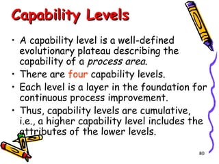 Capability Levels
• A capability level is a well-defined
evolutionary plateau describing the
capability of a process area.
• There are four capability levels.
• Each level is a layer in the foundation for
continuous process improvement.
• Thus, capability levels are cumulative,
i.e., a higher capability level includes the
attributes of the lower levels.
80

 