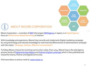48	
ABOUT	MOORE	CORPORATION	
Moore	Corporation	–	a	member	of	IREP	(the	largest	SEM	Agency	in	Japan),	is	a	Digital	Agency	
focus	on	Performance	Based	Adverting	in	Vietnam	
	
With	knowledge	and	experience,	Moore	Corp	consults	and	implements	Digital	marketing	campaign		
by	using	technology	and	industry	knowledge	to	maximize	the	eﬀectiveness	of	advertisement	campaign	
with	the	motto:	"Strategic	solution,	Eﬀective	concentration”	
	
To	follow	Moore	mission	for	enriching	community's	value,	from	2014,	Moore	Corp	is	the	sole	Agency	
process	Series	of	Digital	Activities	Report	and	Vietnam	Digital	Landscape	which	is	free	published	and	
shared	for	Clients,	Partner	and	Digital	Community	
	
Find	more	about	us	and	our	work	at:	www.moore.vn		
	
	
	
 