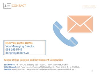 NGUYEN XUAN DONG
Vice Managing Director
098 999 5145
dongnx@moore.vn
Moore Online Solution and Development Corporation
Head Ofﬁce: 7th Floor, No.1 Hoang Dao Thuy St., Thanh Xuan Dist., Ha Noi
HCMC Branch: 6th Floor, No. 454 Nguyen Thi Minh Khai St., Ward 5, Dist. 3, Ho Chi Minh
Website: www.moore.vn | www.adbrand.net | www.adlite.net | www.doublelink.net |
49	
CONTACT	
 