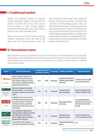 EVBN The Retail Channels in Vietnam 29
I. Traditional market
II. Convenience store
Despite the growing presence of modern
retailers, traditional retailers still dominate the
market. Currently, 85% of the total volume
of commodities is sold through different
traditional retail channels, such as wet markets,
groceries and small, individual stores.
While some assume that the rapid rise of the
modern convenience store will lead to the
demise of the traditional grocery store, the
The competition among convenience store chains in Vietnam is extremely fierce, and securing the
right locations in the initial phase of operation can be vital to the chain’s success. Numerous players,
both domestic (e.g., Co.op Food, Vinmart+) and foreign (e.g., Circle K, 7-Eleven, GS25), are lured by
this lucrative market:
latter remains one of the main retail channels of
Vietnam. Vietnamese consumers still prefer the
convenience of stop-and-go grocery stores. To
meet this demand, Saigon Co.op partnered with
variousgrocerystorestocreateanewchainofsmall
grocery stores by franchising the Co.op Smile and
sharing Saigon Co.op’s expertise in management,
supply chain, and services. As of September 2017,
Co.opSmilehas70storesnationwideandislooking
to open more in the future.
Brief introductionName
Year of
entering
Coverage
No. of
outlets
Product portfolio Expansion plan
Vinmart+
Bach Hoa
Xanh
Circle K
Co.op Food
Specialized in fresh
products and goods.
Specializedinfreshproducts
andgoods;organicproducts
fromVinEco.
General goods and fast
food services.
Specialized in fresh
products and goods.
Circle K initially planned to
have 500 stores in Vietnam by
2018, but has yet to achieve
this goal.
Saigon Co.op plans to have
277 stores nationwide in 2018.
Vinmart+ plans to have 4000
stores nationwide in 2020.
Bach Hoa Xanh plans to have
1000 stores in HCMC in 2018.
Vinmart+ belongs to Vingroup - the
largest multi-industry private corpora-
tion in Vietnam, working in real estate,
retail, education, hospitality, healthcare,
agriculture and heavy industry.
Bach Hoa Xanh belongs to the Mobile
World Group (MWG) – one of Vietnam’s
top retailers, spanning over various retail
markets.
Established in 1951 in Texas, Circle K is
one of the top convenience store chains
in the world, with over 11,000 stores
worldwide. Circle K was also the ﬁrst
international convenience store chain to
enter Vietnam.
Co.opFoodbelongstoSaigonUnionof
TradingCooperatives(SaigonCo.op).Started
outin1996,SaigonCo.ophasbecome
Vietnam'sbiggestretailer,participatingin
allsegmentsoftheretailsector.
2014
2015
2008
2008
+1000
365
264
177
Nationwide
Nationwide
Nationwide
Nationwide
B’s Mart
Generalgoodsandfastfood
services.
N/A
B’smartbelongstoBJCCorporation–a
multi-industrycorporationfromThailand.
2013 166 Nationwide
 