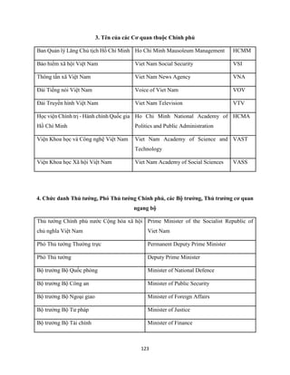 123
3. Tên của các Cơ quan thuộc Chính phủ
Ban Quản lý Lăng Chủ tịch Hồ Chí Minh Ho Chi Minh Mausoleum Management HCMM
Bảo hiểm xã hội Việt Nam Viet Nam Social Security VSI
Thông tấn xã Việt Nam Viet Nam News Agency VNA
Đài Tiếng nói Việt Nam Voice of Viet Nam VOV
Đài Truyền hình Việt Nam Viet Nam Television VTV
Học viện Chính trị - Hành chính Quốc gia
Hồ Chí Minh
Ho Chi Minh National Academy of
Politics and Public Administration
HCMA
Viện Khoa học và Công nghệ Việt Nam Viet Nam Academy of Science and
Technology
VAST
Viện Khoa học Xã hội Việt Nam Viet Nam Academy of Social Sciences VASS
4. Chức danh Thủ tướng, Phó Thủ tướng Chính phủ, các Bộ trưởng, Thủ trưởng cơ quan
ngang bộ
Thủ tướng Chính phủ nước Cộng hòa xã hội
chủ nghĩa Việt Nam
Prime Minister of the Socialist Republic of
Viet Nam
Phó Thủ tướng Thường trực Permanent Deputy Prime Minister
Phó Thủ tướng Deputy Prime Minister
Bộ trưởng Bộ Quốc phòng Minister of National Defence
Bộ trưởng Bộ Công an Minister of Public Security
Bộ trưởng Bộ Ngoại giao Minister of Foreign Affairs
Bộ trưởng Bộ Tư pháp Minister of Justice
Bộ trưởng Bộ Tài chính Minister of Finance
 
