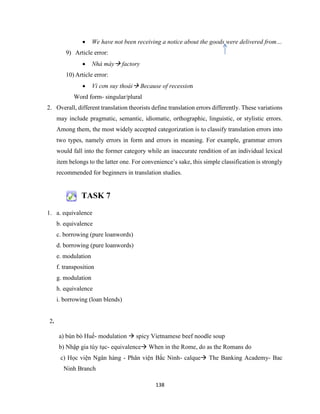 138
 We have not been receiving a notice about the goods were delivered from…
9) Article error:
 Nhà máy factory
10) Article error:
 Vì cơn suy thoái Because of recession
Word form- singular/plural
2. Overall, different translation theorists define translation errors differently. These variations
may include pragmatic, semantic, idiomatic, orthographic, linguistic, or stylistic errors.
Among them, the most widely accepted categorization is to classify translation errors into
two types, namely errors in form and errors in meaning. For example, grammar errors
would fall into the former category while an inaccurate rendition of an individual lexical
item belongs to the latter one. For convenience’s sake, this simple classification is strongly
recommended for beginners in translation studies.
TASK 7
1. a. equivalence
b. equivalence
c. borrowing (pure loanwords)
d. borrowing (pure loanwords)
e. modulation
f. transposition
g. modulation
h. equivalence
i. borrowing (loan blends)
2.
a) bún bò Huế- modulation  spicy Vietnamese beef noodle soup
b) Nhập gia tùy tục- equivalence When in the Rome, do as the Romans do
c) Học viện Ngân hàng - Phân viện Bắc Ninh- calque The Banking Academy- Bac
Ninh Branch
 