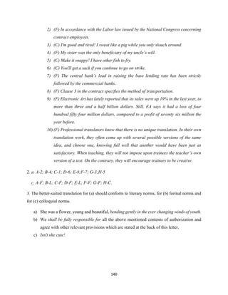 140
2) (F) In accordance with the Labor law issued by the National Congress concerning
contract employees.
3) (C) I'm good and tired! I sweat like a pig while you only slouch around.
4) (F) My sister was the only beneficiary of my uncle’s will.
5) (C) Make it snappy! I have other fish to fry.
6) (C) You'll get a sack if you continue to go on strike.
7) (F) The central bank’s lead in raising the base lending rate has been strictly
followed by the commercial banks.
8) (F) Clause 3 in the contract specifies the method of transportation.
9) (F) Electronic Art has lately reported that its sales were up 19% in the last year, to
more than three and a half billion dollars. Still, EA says it had a loss of four
hundred fifty four million dollars, compared to a profit of seventy six million the
year before.
10) (F) Professional translators know that there is no unique translation. In their own
translation work, they often come up with several possible versions of the same
idea, and choose one, knowing full well that another would have been just as
satisfactory. When teaching, they will not impose upon trainees the teacher’s own
version of a text. On the contrary, they will encourage trainees to be creative.
2. a. A-2; B-4; C-1; D-6; E-8;F-7; G-3;H-5
c. A-F; B-L; C-F; D-F; E-L; F-F; G-F; H-C.
3. The better-suited translation for (a) should conform to literary norms, for (b) formal norms and
for (c) colloquial norms.
a) She was a flower, young and beautiful, bending gently in the ever changing winds of youth.
b) We shall be fully responsible for all the above mentioned contents of authorization and
agree with other relevant provisions which are stated at the back of this letter.
c) Isn't she cute!
 