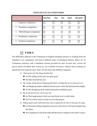 14
YOUR SELF-EVALUATION FORM
Very Poor Poor Fair Good Very good
1. Linguistic competence     
2. Translation competence     
3. Methodological competence     
4. Disciplinary competence     
5. Technical competence     
TASK 6
The difficulties inherent in the Vietnamese-to-English translation process or resulting from the
translator’s low competency will lead to different types of translation failures. Below are 10
Vietnamese sentences with 2 translated versions provided for each. In each case, version (b)
proves itself to be better than version (a) for a number of reasons. Analyze those sentences to
specify the error types for each. Then, sort the errors into different categories:
1) Năm ngoái việc bán hàng rất phát đạt.
 (a) The selling of last year was quite good
 (b) Sales boomed last year.
2) Thị trường chứng khoán Hongkong đột nhiên sôi động khi sự tin tưởng lên cao.
 (a) Hongkong market suddenly become active when the belief promote highly.
 (b) The Hongkong stock market bounced as confidence grew.
3) Dự án đó bạn mà hòa vốn là may rồi!
 (a) That tough project which you may break even is really lucky.
 (b) You will be lucky to break even on that project.
4) Những người cạnh tranh buôn bán sách cố gắng hết sức bán rẻ hơn giá của nhau.
 (a) The book selling competitors always try their best to sell much cheaper than
the others.
 (b) Competitors in the book trade did their best to undercut each other’s prices.
 