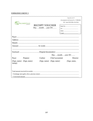 197
FORM/DOCUMENT 3
Form No: 01-TT
(Accompanied with Decision No. 15/2006/QĐ-
BTC dated 20/02/2006 of the MoF)
RECEIPT VOUCHER
Day…..month…..year 201……
Payer:........................................................................................................................................
Address:....................................................................................................................................
Details: .....................................................................................................................................
Amount:........................................... In words:.........................................................................
..................................................................................................................................................
Enclosed: ...........................................Original document(s):...................................................
Day…..month…..year 201……
Payer Preparer Cashier Chief accountant Director
(Sign, name) (Sign, name) (Sign, name) (Sign, name) (Sign, name,
stamp)
Total amount received (in words):........................................................................................................................
+ Exchange rate (gold, silver, precious stone):.....................................................................................................
+ Conversed amount:............................................................................................................................................
Book No.:........................................
No.: .................................................
Debit: ..............................................
Credit:.............................................
 