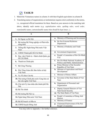 49
TASK D
1. Match the Vietnamese names in column A with their English equivalents in column B.
2. Translating names of organizations or institututions requires strict conformity to the norms,
i.e., recognized official translation for them. Based on your answers to the matching task
above, identify such norms (e.g. capitalization rules, spelling rules, word order,
translatable names, untranslatable names that should be kept intact...).
You may refer to Appendix 1 for further reference.
A B
1. Sở Ngoại vụ Hà Nội
a. Ministry of Planning and Investment
2. Bộ trưởng Bộ Nông nghiệp và Phát triển
nông thôn
b. Ha Noi External Relations
Department
3. Thống đốc Ngân hàng Nhà nước Việt
Nam
c. Ministry of Industry and Trade
4. UBND Thành phố Hồ Chí Minh
d. Government Inspectorate
5. Học viện Chính trị - Hành chính Quốc gia
Hồ Chí Minh
e. People’s Committee of Ho Chi Minh
City
6. Thanh tra Chính phủ
f. Ho Chi Minh National Academy of
Politics and Public Administration
7. Bộ Công Thương
g. Prime Minister of the Socialist
Republic of Viet Nam
8. Phó Tổng Giám đốc Bảo hiểm xã hội
Việt Nam
h. Minister of Agriculture and Rural
Development
9. Vụ Tổ chức Cán bộ
i. Minister of Home Affairs
10. Thủ tướng Chính phủ nước Cộng hòa xã
hội chủ nghĩa Việt Nam
j. Governor of the State Bank of Viet
Nam
11. Chủ tịch Ủy ban nhân dân thành phố Hà
Nội
k. Department of Personnel and
Organisation
12. Bộ Tài chính
l. Deputy General Director of Viet
Nam Social Security
13. Bộ trưởng Bộ Nội vụ
m. The State Bank of Viet Nam
14. Ngân hàng Nhà nước Việt Nam
n. People’s Committee of Dong Anh
District
15. Bộ Kế hoạch và Đầu tư
o. Ministry of Finance
16. UBND huyện Đông Anh
p. Chairman/Chairwoman of Ha Noi
People’s Committee
 