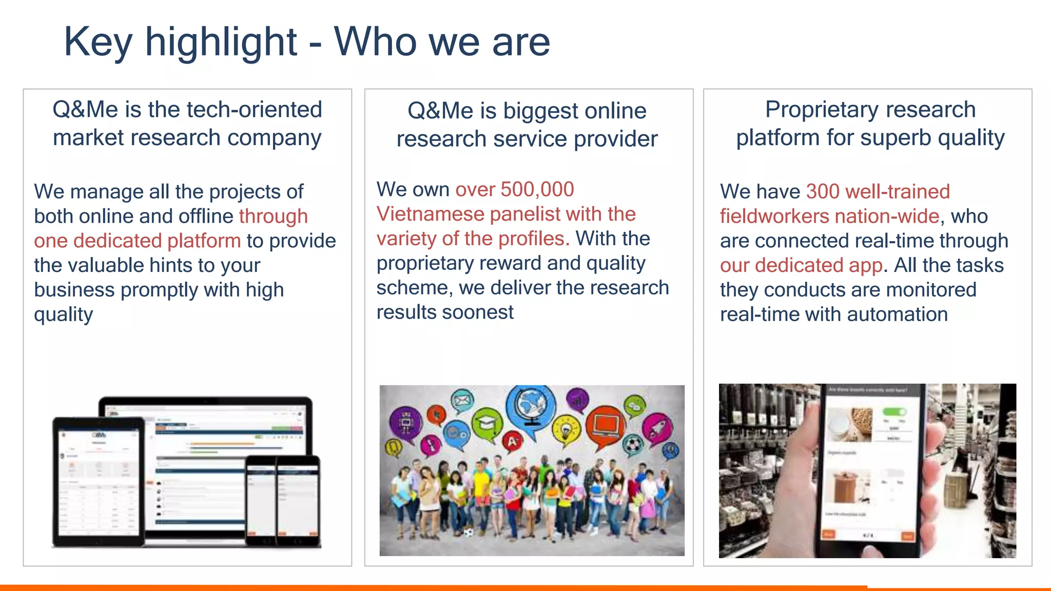 Key highlight - Who we are
Q&Me is the tech-oriented
market research company
We manage all the projects of
both online and offline through
one dedicated platform to provide
the valuable hints to your
business promptly with high
quality
Q&Me is biggest online
research service provider
We own over 500,000
Vietnamese panelist with the
variety of the profiles. With the
proprietary reward and quality
scheme, we deliver the research
results soonest
Proprietary research
platform for superb quality
We have 300 well-trained
fieldworkers nation-wide, who
are connected real-time through
our dedicated app. All the tasks
they conducts are monitored
real-time with automation
 