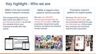 Key highlight - Who we are
Q&Me is the tech-oriented
market research company
We manage all the projects of
both online and offline through
one dedicated platform to provide
the valuable hints to your
business promptly with high
quality
Q&Me is biggest online
research service provider
We own over 500,000
Vietnamese panelist with the
variety of the profiles. With the
proprietary reward and quality
scheme, we deliver the research
results soonest
Proprietary research
platform for superb quality
We have 300 well-trained
fieldworkers nation-wide, who
are connected real-time through
our dedicated app. All the tasks
they conducts are monitored
real-time with automation
 