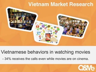 Vietnamese behaviors in watching movies 
- 34% receives the calls even while movies are on cinema. 
Your sub-title here 
 