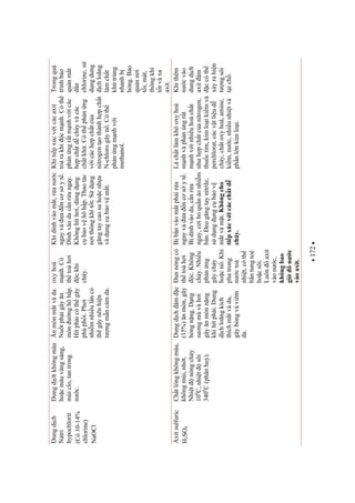 172
Dungdch
Natri
hypochlorit
(Có10-14%
chlorine)
NaOCl
Dungdchkhôngmàu
hocmàuvàngsáng,
mùiclo,tantrong
nc.
nmònmtvàda.
Nutphigâyn
mònnghôhp.
Hítphicóthgây
phùphi.Phi
nhimnhiulncó
thgâynênhin
tngmncmda.
oxyhoá
mnh.Có
thtohi
ckhi
cháy.
Khidínhvàomt,ranc
ngayvàancsyt.
Dínhvàodacnrangay.
Khônghíthi,dùngdng
cbovhôhp.Thaotác
nithôngkhítt.Sdng
gngtaycaosuhocnha
vàdngcbovmt.
Khitipxúcvicácaxit
torakhícmnh.Cóth
phnngrtmnhvicác
hpchtdcháyvàcác
chtkh.Cóthphnng
vicáchpchtca
nitrogentothànhhpcht
N-chlorogâyn.Cóth
phnngmnhvi
methanol.
Trongquá
trìnhbo
qunmt
dn
chlorine,s
dngdung
dchloãng
làmcht
khtrùng
nhanhb
hng.Bo
qunni
ti,mát,
thôngkhí
ttvàxa
axit.
Axitsulfuric
H2SO4
Chtlngkhôngmàu,
khôngmùi,nht.
Nhitnóngchy
100
C,nhitsôi
3400
C(phânhu).
Dungdchmc
(15%)nmòn,gây
bngnng.Dng
sngmùvàhi
gâynmònnng
khihítphi.Dung
dchloãngkích
thíchmtvàda,
gâybngvàviêm
da.
unnóngcó
thtohi
c.Không
cháy.Nhiu
phnng
gâycháy
hocn.Khi
phatrong
ncto
nhit,cóth
bntungtoé
hocsôi.
Luônaxit
vàonc,
khôngbao
ginc
vàoaxit.
Bbnvàomtphira
ngayvàancsyt.
Bdínhvàoda,cnra
ngay,cibqunáonhim
bn.eogngtaynitrile,
sdngdngcbov
mtvàmt.Khôngcho
tipxúcvicácchtd
cháy.
Làchtlàmkhôoxyhoá
mnhvàphnúngrt
mnhvinhiuhoácht
nhhpchtcanitrogen,
thuctím,kimloikimvà
perchlorat,cácvtliud
cháy,chtoxyhoá,amine,
kim,nc,nhiunhitvà
phnlnkimloi.
Khithêm
ncvào
dungdch
axitm
ccóth
xyrahin
tngsôi
tich.
 