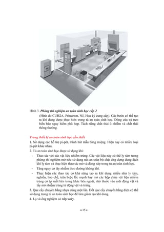 15
Hình 3. Phòng thí nghi m an toàn sinh h c c p 2
(Hình do CUH2A, Princeton, NJ, Hoa k cung c p). Các b c có th t o
ra khí dung c th c hi n trong t an toàn sinh h c. óng c a và treo
bi n báo nguy hi m phù h p. Tách riêng ch t th i ô nhi m và ch t th i
thông th ng.
Trang thi t b an toàn sinh h c c n thi t
1. S d ng các h tr pi-pét, tránh hút m u b ng mi ng. Hi n nay có nhi u lo i
pi-pét khác nhau.
2. T an toàn sinh h c c s d ng khi:
- Thao tác v i các v t li u nhi m trùng. Các v t li u này có th ly tâm trong
phòng thí nghi m m n u s d ng nút an toàn b t ch t ng ng dung d ch
khi ly tâm và th c hi n thao tác m và óng n p trong t an toàn sinh h c.
- T ng nguy c lây nhi m theo ng không khí.
- Th c hi n các thao tác có kh n ng t o ra khí dung nhi u nh ly tâm,
nghi n, bào ch , tr n ho c l c m nh hay m các h p ch a v t li u nhi m
trùng có áp su t bên trong khác bên ngoài, nh thu c vào m i ng v t và
l y mô nhi m trùng t ng v t và tr ng.
3. Que c y chuy n b ng nh a dùng m t l n. t que c y chuy n b ng i n có th
s d ng trong t an toàn sinh h c làm gi m t o khí dung.
4. L và ng nghi m có n p xoáy.
 