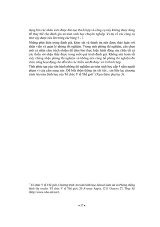 37
d ng b i các nhân viên c ào t o thích h p và công c này không c dùng
thay th cho ánh giá an toàn sinh h c chuyên nghi p. Ví d v các công c
nh v y c nêu lên trong các b ng 5 - 7.
Nh ng phát hi n trong ánh giá, kh o sát và thanh tra nên c th o lu n v i
nhân viên và qu n lý phòng thí nghi m. Trong m t phòng thí nghi m, c n ch n
m t cá nhân ch u trách nhi m m b o th c hi n hành ng s a ch a t t c
các thi u sót nh n th y c trong su t quá trình ánh giá. Không nên hoàn t t
vi c ch ng nh n phòng thí nghi m và không nên công b phòng thí nghi m
ch c n ng ho t ng cho n khi các thi u sót ã c x trí thích h p.
Tính ph c t p c a v n hành phòng thí nghi m an toàn sinh h c c p 4 n m ngoài
ph m vi c a c m nang này. bi t thêm thông tin chi ti t , xin liên l c ch ng
trình An toàn Sinh h c c a T ch c Y t Th gi i 1
(Xem thêm ph l c 3).
1
T ch c Y t Th gi i, Ch ng trình An toàn Sinh h c, Khoa Giám sát và Phòng ch ng
b nh lây truy n. T ch c Y t Th gi i, 20 Avenue Appia, 1211 Geneva 27, Th y S
(http://www.who.int/csr/).
 