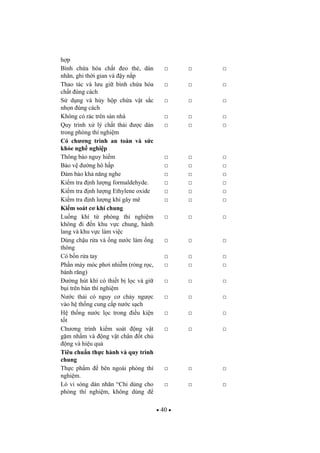 40
h p
Bình ch a hóa ch t eo th , dán
nhãn, ghi th i gian và y n p
Thao tác và l u gi bình ch a hóa
ch t úng cách
S d ng và h y h p ch a v t s c
nh n úng cách
Không có rác trên sàn nhà
Quy trình x lý ch t th i c dán
trong phòng thí nghi m
Có ch ng trình an toàn và s c
kh e ngh nghi p
Thông báo nguy hi m
B o v ng hô h p
m b o kh n ng nghe
Ki m tra nh l ng formaldehyde.
Ki m tra nh l ng Ethylene oxide
Ki m tra nh l ng khí gây mê
Ki m soát c khí chung
Lu ng khí t phòng thí nghi m
không i n khu v c chung, hành
lang và khu v c làm vi c
Dùng ch u r a và ng n c làm ng
thông
Có b n r a tay
Ph n máy móc ph i nhi m (ròng r c,
bánh r ng)
ng hút khí có thi t b l c và gi
b i trên bàn thí nghi m
N c th i có nguy c ch y ng c
vào h th ng cung c p n c s ch
H th ng n c l c trong i u ki n
t t
Ch ng trình ki m soát ng v t
g m nh m và ng v t chân t ch
ng và hi u qu
Tiêu chu n th c hành và quy trình
chung
Th c ph m bên ngoài phòng thí
nghi m.
Lò vi sóng dán nhãn “Ch dùng cho
phòng thí nghi m, không dùng
 
