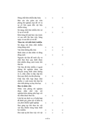 43
Dùng ch t kh nhi m c hi u
Báo cáo cho giám sát viên
phòng thí nghi m m i v và
s c liên quan n v t li u
nhi m trùng
S d ng ch t kh nhi m khi x
lý s c r i
Kh trùng b m t làm vi c tr c
và sau m i l n làm vi c, hàng
ngày và sau khi có r i
Thao tác v i ch t th i ô nhi m
S d ng v t ch a ch t nhi m
trùng úng cách
V t ch a không y tràn
Bình ch a có dán nhãn và óng
úng cách
Nguyên v t li u nuôi c y và
ch t th i theo quy nh c
kh nhi m úng cách tr c khi
th i b
V t li u ã kh nhi m ngoài
phòng thí nghi m c v n
chuyên trong bình ch a không
rò r , ch c ch n và y n p kín
theo quy nh c a a ph ng
Ch t th i h n h p c kh
nhi m vi sinh tr c khi th i b
nh ch t phóng x hay hóa h c
B o v nhân viên
Nhân viên phòng thí nghi m
c nh c nh vi c xét
nghi m/tiêm phòng phù h p v i
tác nhân c thao tác
Liên h các d ch v y t phù h p
ánh giá, giám sát và i u tr
các ph i nhi m ngh nghi p
eo g ng tay khi thao tác v i
v t li u nhi m trùng ho c thi t
b ô nhi m
eo m t n khi làm vi c v i v t
 