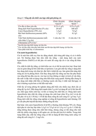 86
B ng12. N ng c n thi t c a h p ch t gi i phóng clo
TÌNH TR NG
“S CH” a
TÌNH TR NG
“B N” b
Clo s n có theo yêu c u 0.1% (1 g/l) 0.5% (5 g/l)
Dung d ch Natri hypochlorite (5% clo) 20 ml/l 100 ml/l
Canxi Hypochlorite (70% clo) 1,4 g/l 7,0 g/l
B t Natri dichloroisocyanurate (60%
clo)
1,7 g/l 8,5 g/l
Viên Natri dichloroisocyanurate (m i
viên ch a 1,5 g clo)
1 viên cho 1 lít 4 viên cho 1 lít
Chloramine (25% Clo) c
a
Sau khi d n d p kh i l ng v t li u l n.
b
Các v t li u ch y tràn nh máu ho c sau khi d n d p kh i l ng v t li u l n.
c
Xem ph n trình bày v chloramines.
Clo (natri hypochlorite)
Clo là m t hóa ch t oxy hóa tác ng nhanh, di t trùng ph r ng và có nhi u
n i. Nó th ng c bán nh ch t t y tr ng - m t dung d ch c a natri
hypochlorite (NaOCl) có th pha v i n c cung c p clo các n ng khác
nhau.
Clo, nh t là ch t t y tr ng, có tính ki m cao và có th n mòn kim lo i. Ho t tính
c a nó gi m áng k b i ch t h u c (protein). L u gi ch t t y tr ng d ng khô
hay dung d ch trong v t ch a h , c bi t nhi t cao, làm gi m kh n ng di t
trùng do clo b phóng thích. C n thay dung d ch t y tr ng sau bao lâu ph thu c
vào n ng ban u c a nó, vào lo i (có hay không có n p) và kích c v t ch a,
t n su t và c tính s d ng c ng nh i u ki n xung quanh. H ng d n chung là
các dung môi nh n ch t h u c th ng xuyên c n thay ít nh t m t l n/ngày và
n u ít th ng xuyên h n có th n m t tu n.
Ch t t y u trong phòng thí nghi m dùng ph bi n cho nhi u m c ích c n có
n ng 1g clo/l. M t dung d ch m nh ch a 5 g clo/l s d ng x lý khi làm
các ch t nguy hi m sinh h c và khi có l ng l n ch t h u c . Dung d ch natri
hypochlorite nh ch t t y tr ng s d ng cho sinh ho t ch a 50 g clo/l và do ó
c n pha v i t l 1:50 hay 1:10 t c n ng cu i cùng là 1 g/l hay 5 g/l.
Dung d ch ch t t y tr ng công nghi p có n ng hypochlorite natri kho ng 120
g/l c n pha phù h p t c nh ng n ng trên.
H t ho c viên canxi hypochlorite (CaClO) 2) th ng ch a kho ng 70% clo. Dung
d ch pha t viên hay h t ch a 1,4 g/l và 7,0 g/l s có 1,0 g và 5 g clo /l. Ch t t y
tr ng không c dùng nh ch t kh trùng, nh ng c ng có th dùng nh m t
ch t t y nhi u công d ng và ngâm các v t li u phi kim b ô nhi m. Trong tình
tr ng kh n c p, ch t t y tr ng c ng có th s d ng kh trùng n c u ng v i
n ng cu i cùng là 1–2 mg/l clo.
 