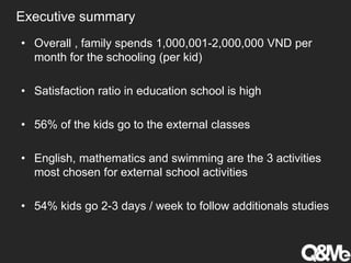 Executive summary
• Overall , family spends 1,000,001-2,000,000 VND per
month for the schooling (per kid)
• Satisfaction ratio in education school is high
• 56% of the kids go to the external classes
• English, mathematics and swimming are the 3 activities
most chosen for external school activities
• 54% kids go 2-3 days / week to follow additionals studies
 