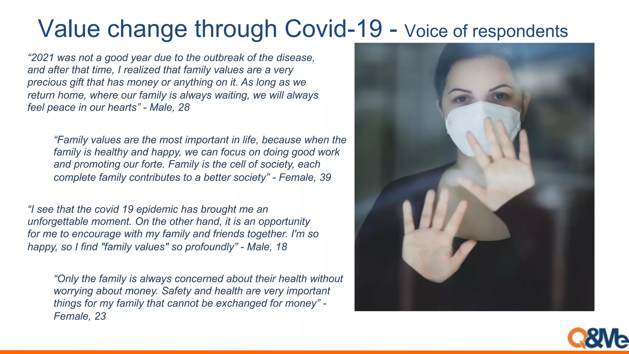 H,-1# (3,*4#.03$)143.6)"%2789.7 !"#$%&"'&(%)*"+,%+-)
“2021 was not a good year due to the outbreak of the disease,
and after that time, I realized that family values are a very
precious gift that has money or anything on it. As long as we
return home, where our family is always waiting, we will always
feel peace in our hearts” - Male, 28
“Family values are the most important in life, because when the
family is healthy and happy, we can focus on doing good work
and promoting our forte. Family is the cell of society, each
complete family contributes to a better society” - Female, 39
“I see that the covid 19 epidemic has brought me an
unforgettable moment. On the other hand, it is an opportunity
for me to encourage with my family and friends together. I'm so
happy, so I find "family values" so profoundly” - Male, 18
“Only the family is always concerned about their health without
worrying about money. Safety and health are very important
things for my family that cannot be exchanged for money” -
Female, 23
 