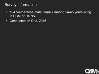 Survey information
• 194 Vietnamese male/ female among 24-45 years living
in HCM or Ha Noi
• Conducted on Dec, 2015
 