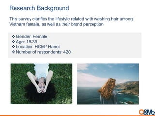 Research Background
This survey clarifies the lifestyle related with washing hair among
Vietnam female, as well as their brand perception
 Gender: Female
 Age: 18-39
 Location: HCM / Hanoi
 Number of respondents: 420
 