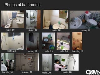 Photos of bathrooms
male, 19 male, 30 male, 26 male, 21
male, 23 male, 22 male, 23 male, 24 female, 26
female, 31 female, 36 male, 20 male, 20
 