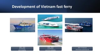 Development of Vietnam fast ferry
2000 - 2016
10-16 knots
steel, propeller
2016 - 2023
22-26 knots
aluminum, propeller
2024  Waterjet
33-35 knots catamaran Jet
 