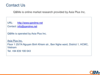 Contact Us
URL: http://www.qandme.net
Contact: info@qandme.net
Q&Me is operated by Asia Plus Inc.
Asia Plus Inc.
Floor 1 25/7A Nguyen Binh Khiem str., Ben Nghe ward, District 1, HCMC,
Vietnam
Tel. +84 839 100 043
Q&Me is online market research provided by Asia Plus Inc.
 