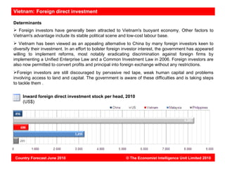 Vietnam: Foreign direct investment

Determinants
 Foreign investors have generally been attracted to Vietnam's buoyant economy. Other factors to
Vietnam's advantage include its stable political scene and low-cost labour base.
 Vietnam has been viewed as an appealing alternative to China by many foreign investors keen to
diversify their investment. In an effort to bolster foreign investor interest, the government has appeared
willing to implement reforms, most notably eradicating discrimination against foreign firms by
implementing a Unified Enterprise Law and a Common Investment Law in 2006. Foreign investors are
also now permitted to convert profits and principal into foreign exchange without any restrictions.
Foreign investors are still discouraged by pervasive red tape, weak human capital and problems
involving access to land and capital. The government is aware of these difficulties and is taking steps
to tackle them .


    Inward foreign direct investment stock per head, 2010
    (US$)




Country Forecast June 2010                                 © The Economist Intelligence Unit Limited 2010
 