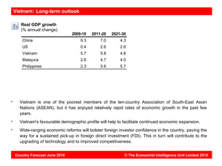 Vietnam: Long-term outlook

   Real GDP growth
   (% annual change)
                             2009-10    2011-20   2021-30
   China                          9.3       7.0        4.3
   US                             0.4       2.6        2.6
   Vietnam                        5.7       5.8        4.8
   Malaysia                       2.6       4.7        4.0
   Philippines                    2.3       5.6        5.7




  Vietnam is one of the poorest members of the ten-country Association of South-East Asian
  Nations (ASEAN), but it has enjoyed relatively rapid rates of economic growth in the past few
  years.
  Vietnam's favourable demographic profile will help to facilitate continued economic expansion.
  Wide-ranging economic reforms will bolster foreign investor confidence in the country, paving the
  way for a sustained pick-up in foreign direct investment (FDI). This in turn will contribute to the
  upgrading of technology and to improved competitiveness.


Country Forecast June 2010                               © The Economist Intelligence Unit Limited 2010
 