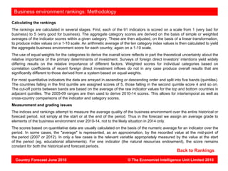 Vietnam: environment rankings: Methodology
 Business

Calculating the rankings
The rankings are calculated in several stages. First, each of the 91 indicators is scored on a scale from 1 (very bad for
business) to 5 (very good for business). The aggregate category scores are derived on the basis of simple or weighted
averages of the indicator scores within a given category. These are then adjusted, on the basis of a linear transformation,
to produce index values on a 1-10 scale. An arithmetic average of the ten category index values is then calculated to yield
the aggregate business environment score for each country, again on a 1-10 scale.
The use of equal weights for the categories to derive the overall score reflects in part the theoretical uncertainty about the
relative importance of the primary determinants of investment. Surveys of foreign direct investors' intentions yield widely
differing results on the relative importance of different factors. Weighted scores for individual categories based on
correlation coefficients of recent foreign direct investment inflows do not in any case produce overall results that are
significantly different to those derived from a system based on equal weights.
For most quantitative indicators the data are arrayed in ascending or descending order and split into five bands (quintiles).
The countries falling in the first quintile are assigned scores of 5, those falling in the second quintile score 4 and so on.
The cut-off points between bands are based on the average of the raw indicator values for the top and bottom countries in
adjacent quintiles. The 2005-09 ranges are then used to derive 2010-14 scores. This allows for intertemporal as well as
cross-country comparisons of the indicator and category scores.
Measurement and grading issues
The indices and rankings attempt to measure the average quality of the business environment over the entire historical or
forecast period, not simply at the start or at the end of the period. Thus in the forecast we assign an average grade to
elements of the business environment over 2010-14, not to the likely situation in 2014 only.
The scores based on quantitative data are usually calculated on the basis of the numeric average for an indicator over the
period. In some cases, the "average" is represented, as an approximation, by the recorded value at the mid-point of
the period (2007 or 2012). In only a few cases is the relevant variable appropriately measured by the value at the start
of the period (eg, educational attainments). For one indicator (the natural resources endowment), the score remains
constant for both the historical and forecast periods.
                                                                                                    Back to Rankings

  Country Forecast June 2010                                          © The Economist Intelligence Unit Limited 2010
 