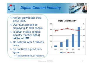 Digital Content Industry

Annual growth rate 50%
since 2005
Over 500 companies
employing 41,000 people
In 2009, mobile content
industry reaches 383.3
                                                         Source MIC, whitebook 2010
millions USD
3G network with 7 millions
users
Do not have a good eco-
system
  Telcos take 65% of revenue

                      All Rights reserved - © IMT 2008                           13
 