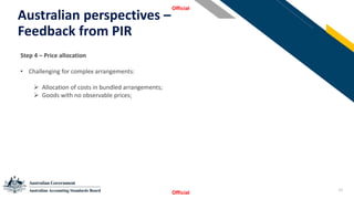 19
Australian perspectives –
Feedback from PIR
Official
Official
StSSt
Step 4 – Price allocation
• Challenging for complex arrangements:
➢ Allocation of costs in bundled arrangements;
➢ Goods with no observable prices;
 