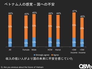 12% 11% 13% 13% 11% 13% 11%
32% 32%
32% 31% 33%
35%
29%
All Female Male HCM Hanoi <5M
income
>5M
income
Strongly agree Agree
44% 43%
45% 44%
47%
44%
40%
ベトナム人の感覚 – 国への不安
収入の低い人がより国の未来に不安を感じていた
Q. Are you anxious about the future of Vietnam
 