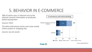 5. BEHAVIOR IN E-COMMERCE
	 58%	of	online	users	in	Vitenam	turn	to	the	
internet	research	informaSon	on	productes	
before	...