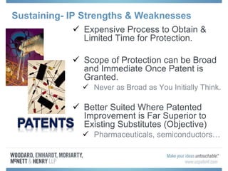 Sustaining- IP Strengths & Weaknesses
 Expensive Process to Obtain &
Limited Time for Protection.
 Scope of Protection can be Broad
and Immediate Once Patent is
Granted.
 Never as Broad as You Initially Think.
 Better Suited Where Patented
Improvement is Far Superior to
Existing Substitutes (Objective)
 Pharmaceuticals, semiconductors…
 