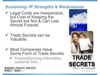 Sustaining- IP Strengths & Weaknesses
 Legal Costs are Inexpensive,
but Cost of Keeping the
Secret are Not & Can Last
Almost Forever.
 Trade Secrets can be
Valuable.
 Most Companies Have
Some Form of Trade Secrets
 Financial/pricing information,
customer lists…
 