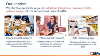 Our service
We offer the opportunity for you to understand Vietnamese consumers better
with technology, with the service brand name of Q&Me
Online market research Offline market research Field marketing app
Understand consumers quick
and deep with over 500K direct
Vietnamese panels.
Traditional market research with
technology, for better and
quicker data collections
Cloud-based solutions to ease
manual-based operations in the
field
 