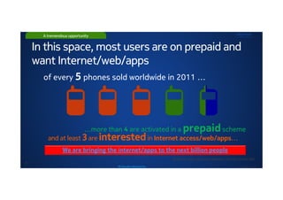 A tremendous opportunity


    In this space, most users are on prepaid and
    want Internet/web/apps
      of every 5 phones sold worldwide in 2011 …




                     …more than 4 are activated in a prepaid scheme
        and at least 3 are interested in Internet access/web/apps…
                We are bringing the internet/apps to the next billion people
                                                                    all devices with a price point between 150 USD and 40 USD
6
                                    MP data plan selling tool box                                                © Nokia 2011 / Secret
 