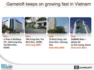 Gameloft keeps on growing fast in Vietnam




SAI 1                 SAI 2               DAD                  HAN
e-Town 2 Building -   18A Cong Hoa, Tan   74 Bach Dang, Hai    3rd&4th floor –
7Fl., 364 Cong Hoa,   Binh Dist., HCMC    Chau Dist., Danang   Lilama 10
Tan Binh Dist.,       Since Aug-2008      City                 Le Van Luong, Hanoi
HCMC                                      Since Mar-2010       Since June-2011
 